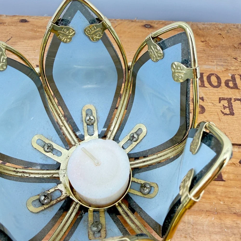 Art Deco Lotus Flower Candle Holder Vintage Floral Tea Light Gold Black